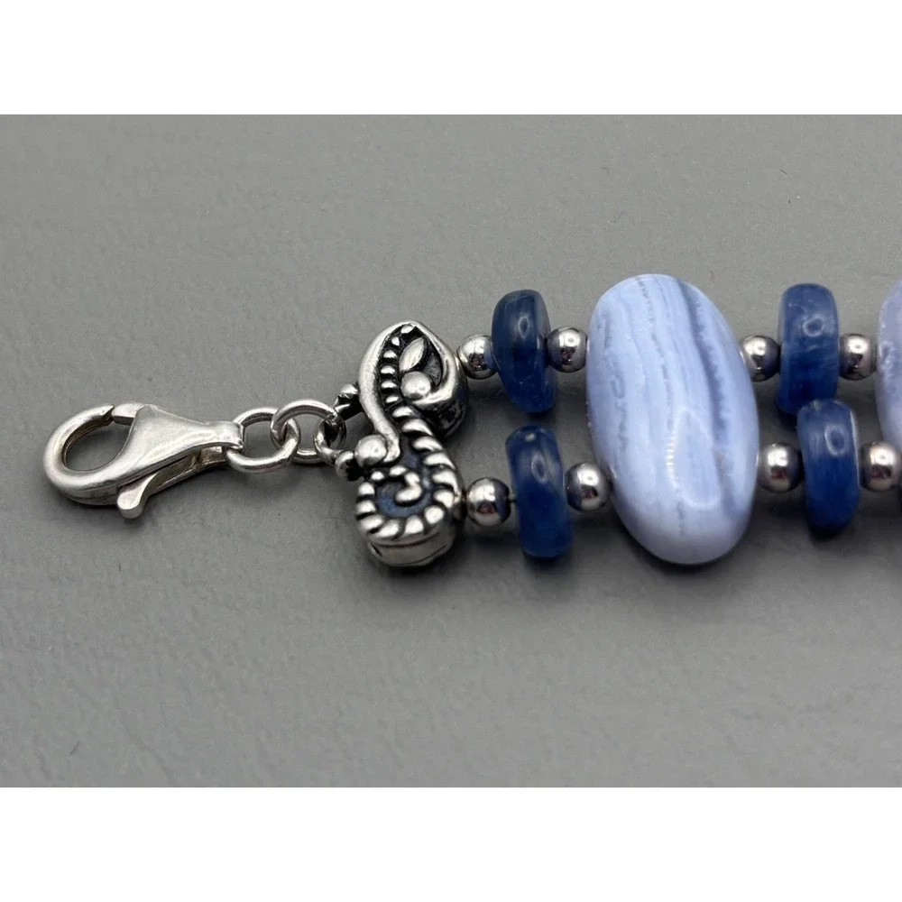 Vintage Carolyn Pollack Half Moon Bay Link Bracelet 925 Blue Lace Agate Kyanite